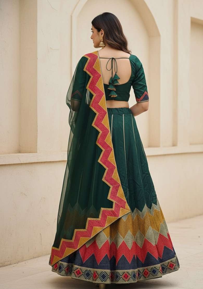 Green Embroidered Silk Blend Lehenga Set for Diwali and Festive Wear - Indya