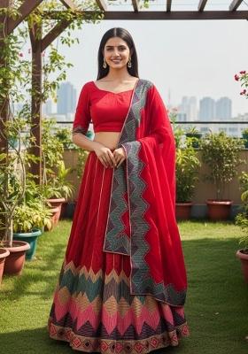 Red Embroidered Silk Blend Lehenga Set