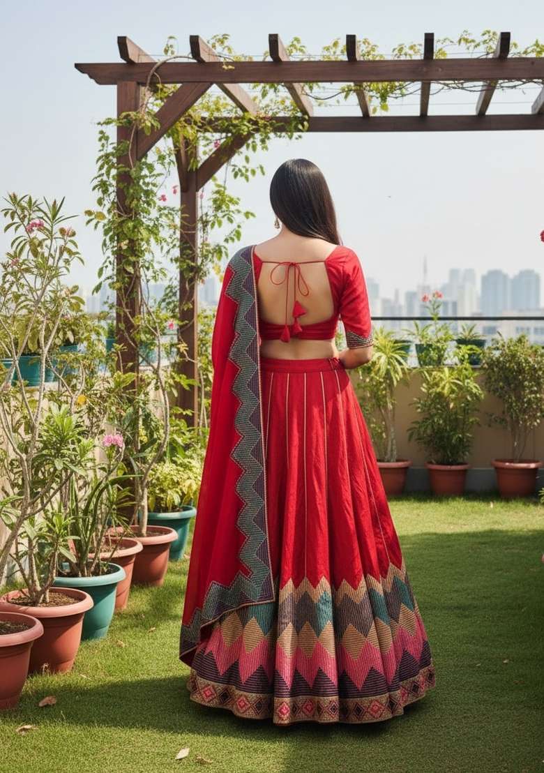 Red Silk Blend Lehenga Set with Embroidered for Diwali | Wedding & Festive Wear - Indya