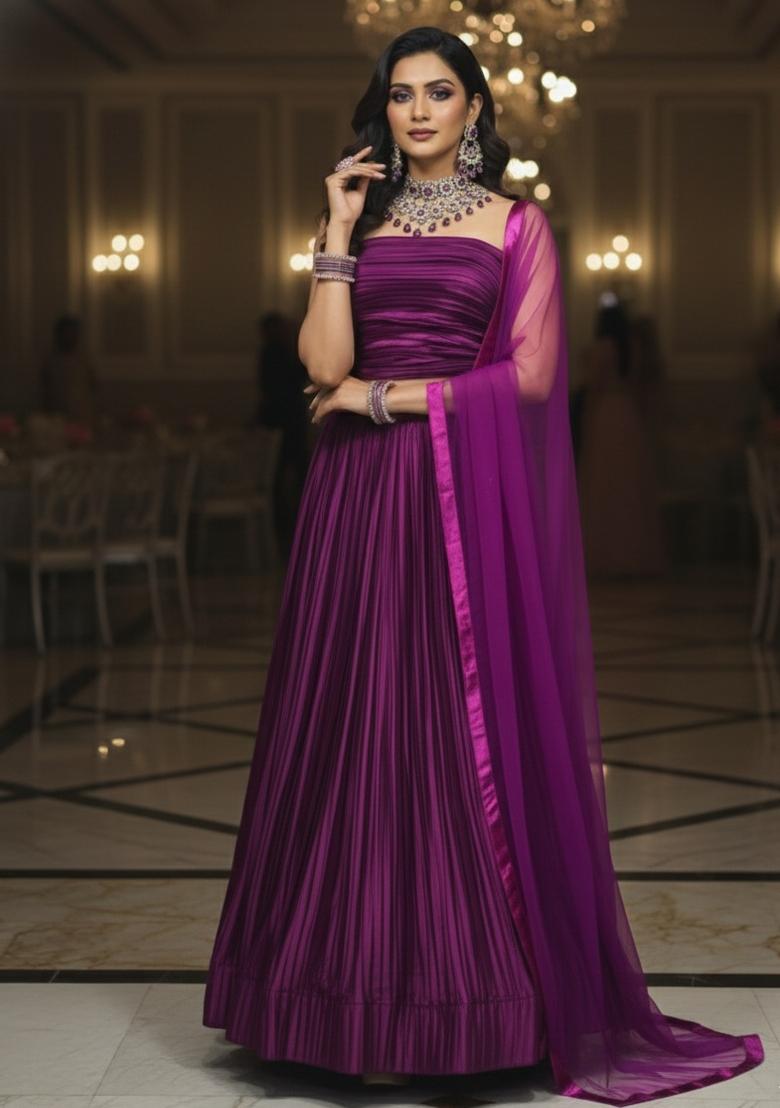 Purple Pleated Work Silk Blend Lehenga Set - Indya
