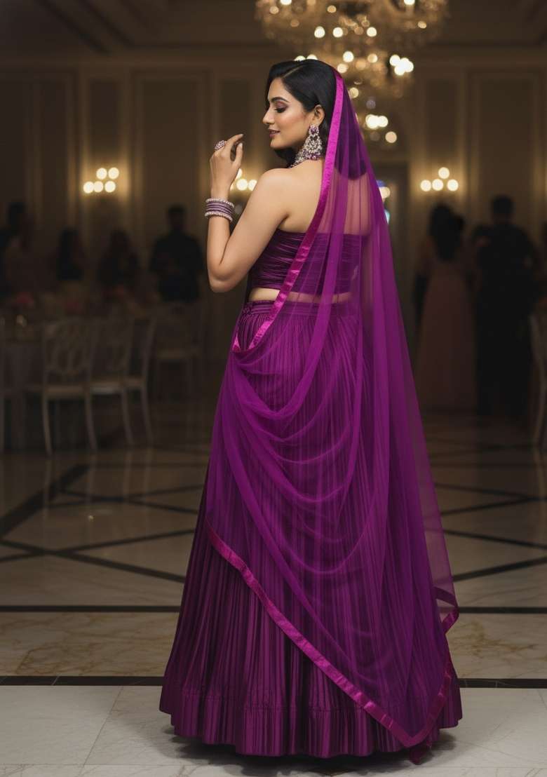 Purple Pleated Work Silk Blend Lehenga Set for Diwali and Festive Wear - Indya