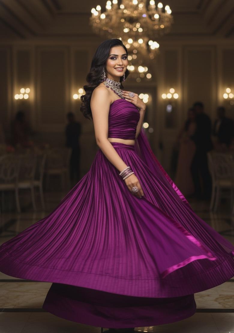 Purple Pleated Work Silk Blend Lehenga Set - Indya