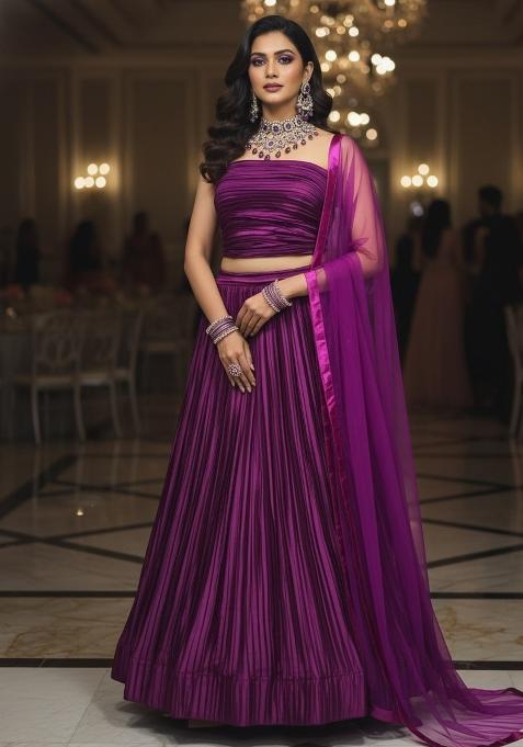 Purple Pleated Work Silk Blend Lehenga Set