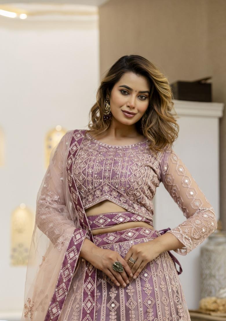 Dusty Embroidered Chinon Lehenga Set - Indya