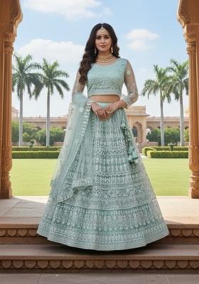 Sea Green Embroidered Net Lehenga Set