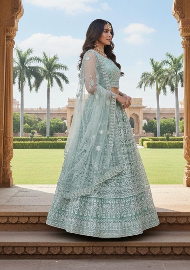 Sea Green Embroidered Net Lehenga Set - Indya