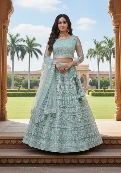Sea Green Embroidered Net Lehenga Set
