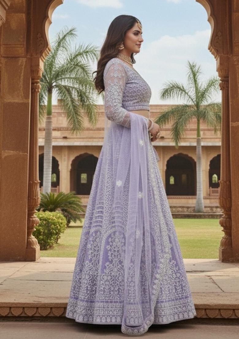 Lavender Embroidered Net Lehenga Set - Indya