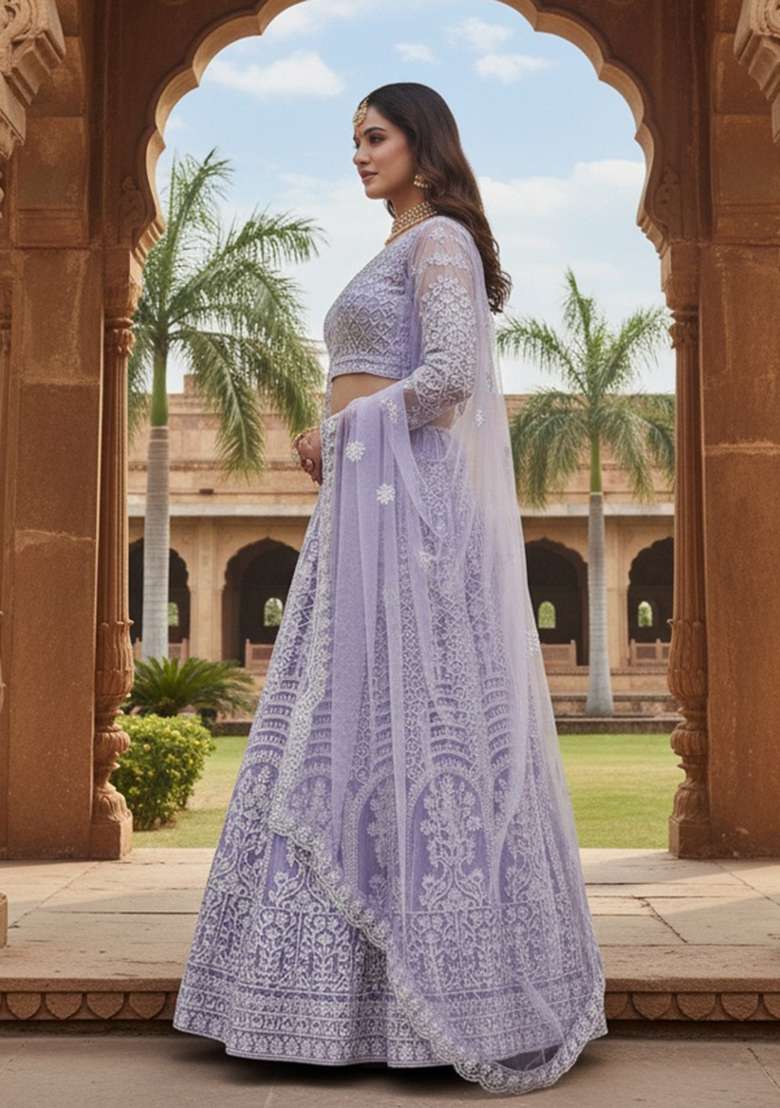 Lavender Net Lehenga Set with Embroidered for Diwali | Wedding & Festive Wear - Indya