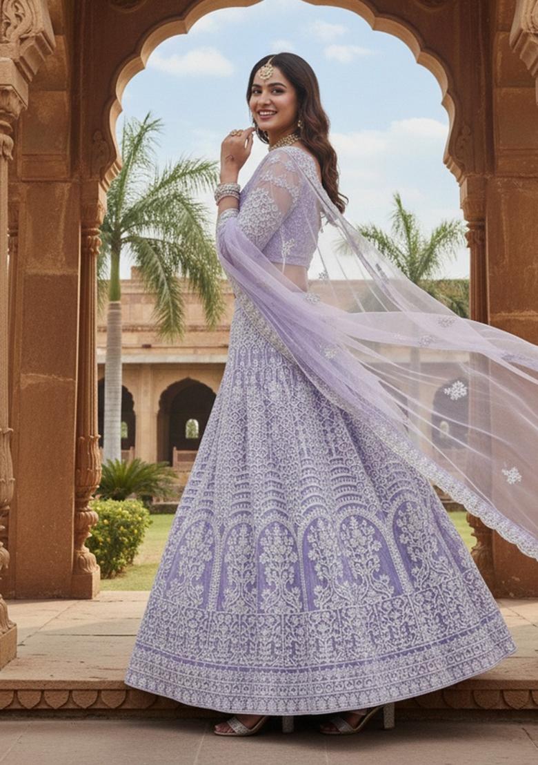 Lavender Embroidered Net Lehenga Set - Indya