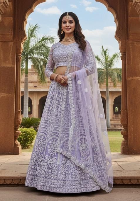 Lavender Embroidered Net Lehenga Set