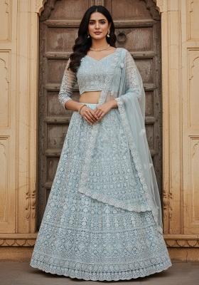 Sky Blue Embroidered Net Lehenga Set