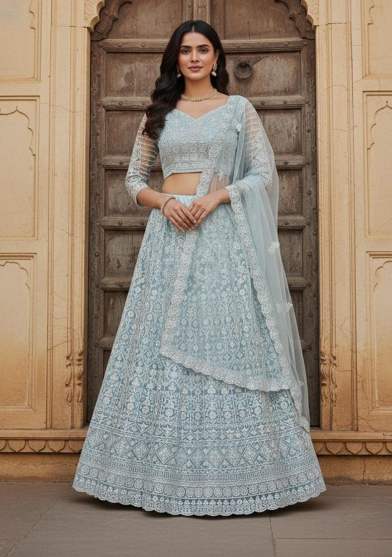 Sky Blue Embroidered Net Lehenga Set - Indya