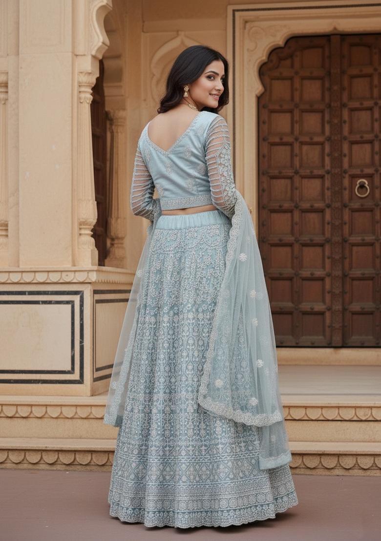 Sky Blue Embroidered Net Lehenga Set - Indya