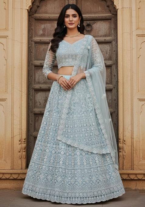 Sky Blue Embroidered Net Lehenga Set