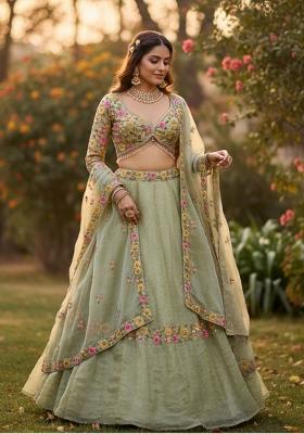Pista Embroidered Silk Blend Lehenga Set