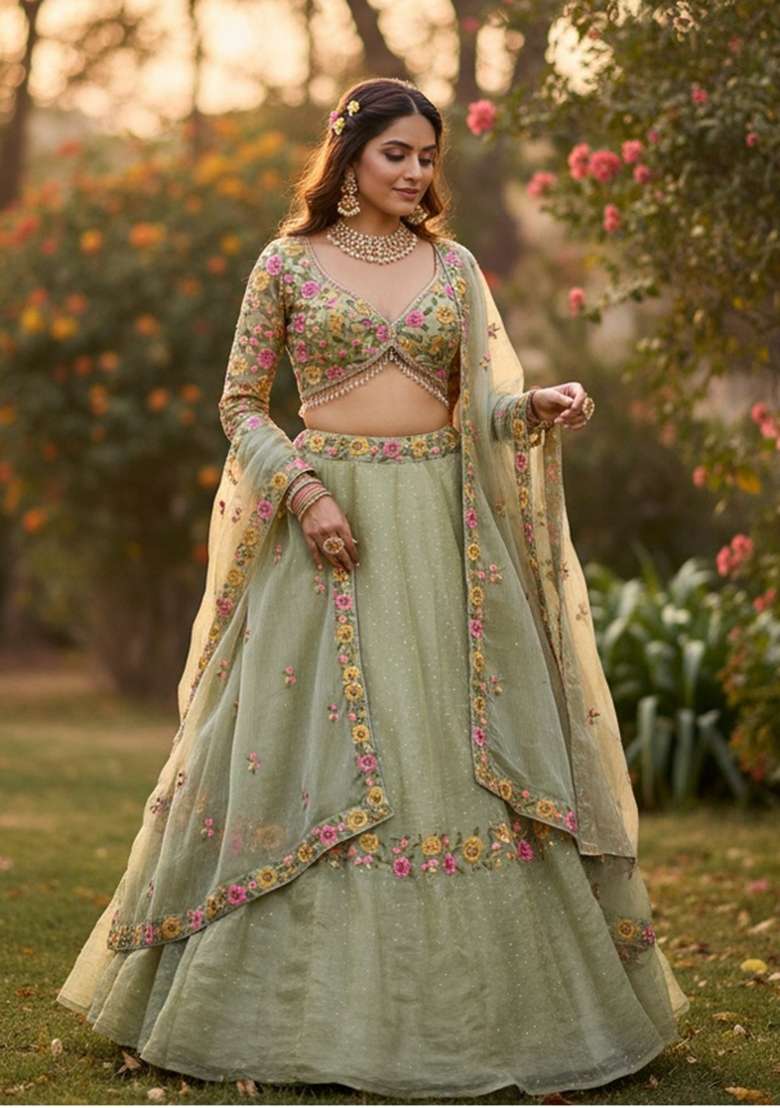 Pista Silk Blend Lehenga Set with Embroidered for Diwali | Wedding & Festive Wear - Indya