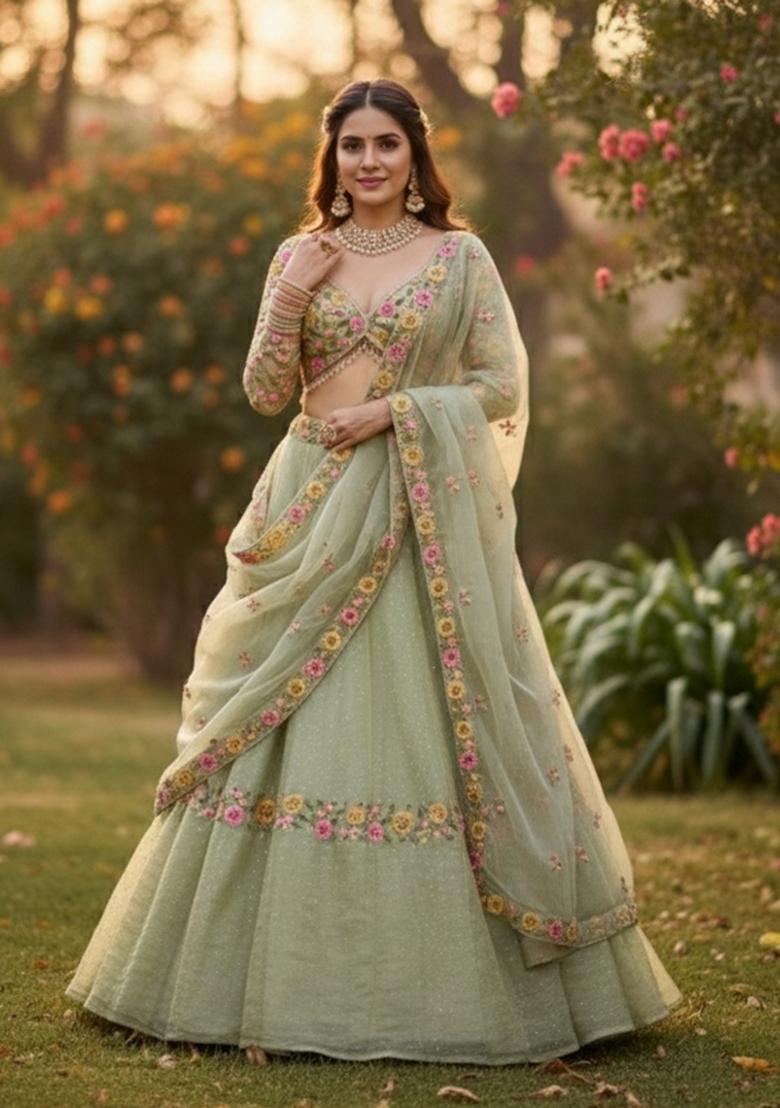 Pista Embroidered Silk Blend Lehenga Set - Indya