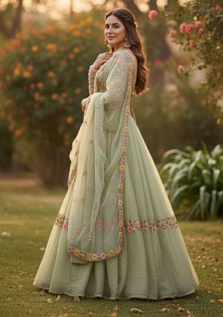 Pista Silk Blend Lehenga Set with Embroidered for Diwali | Wedding & Festive Wear - Indya