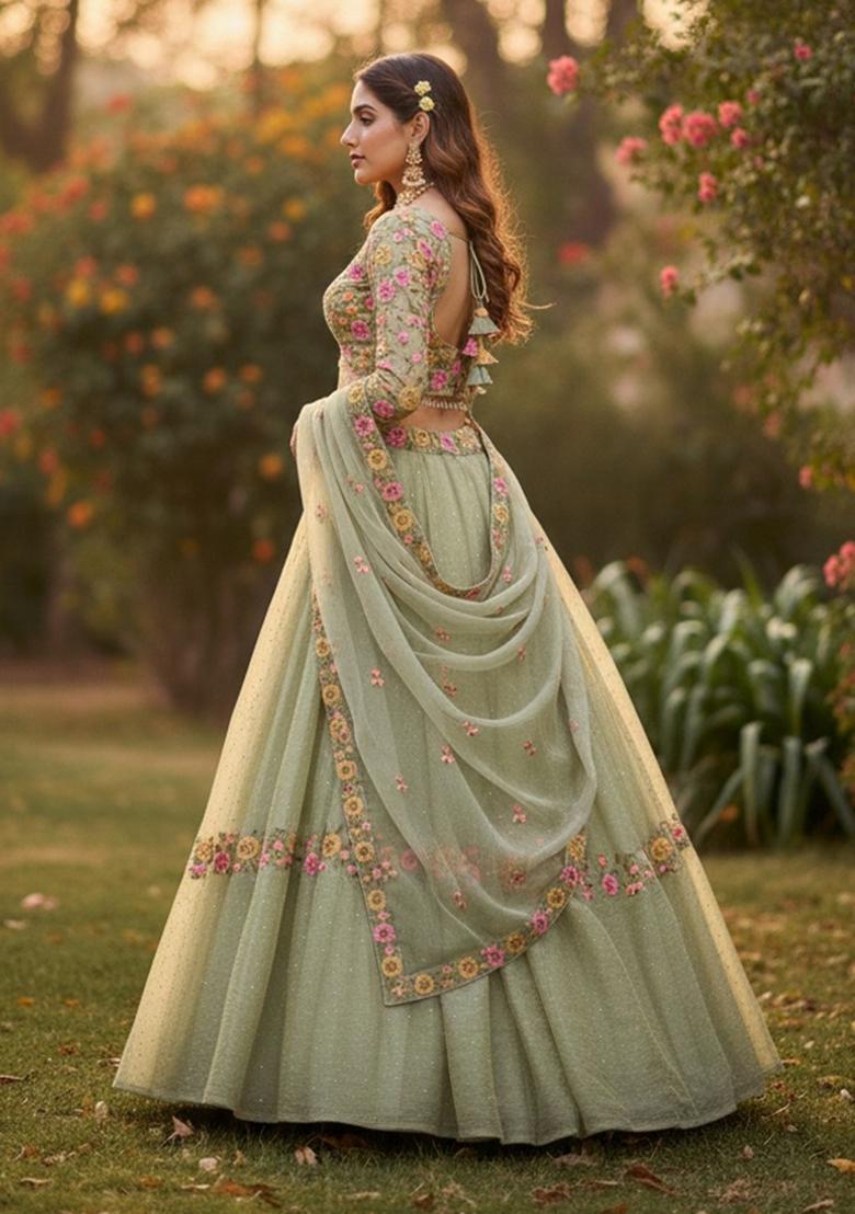 Pista Embroidered Silk Blend Lehenga Set - Indya