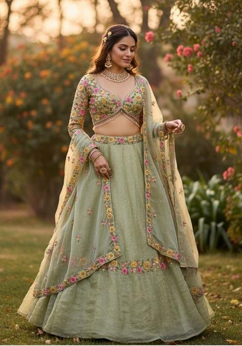 Pista Embroidered Silk Blend Lehenga Set