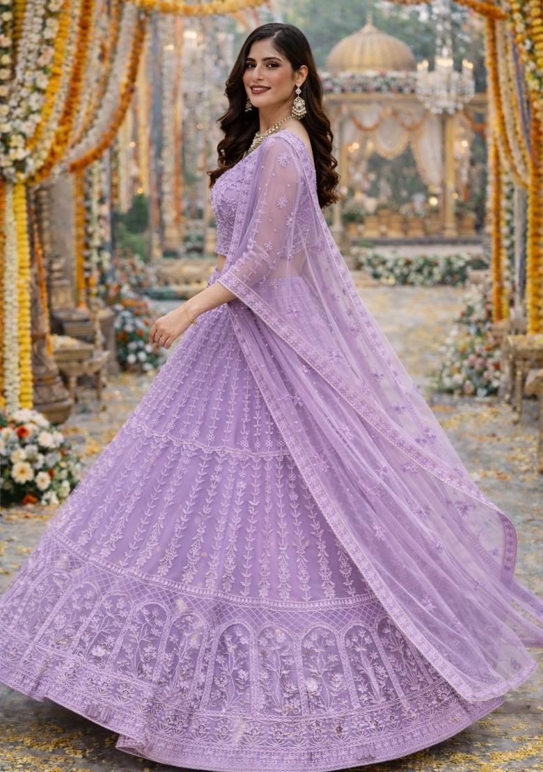 Lavender Embroidered Net Lehenga Set - Indya