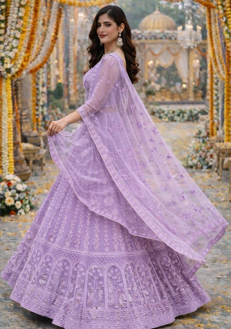 Lavender Embroidered Net Lehenga Set - Indya