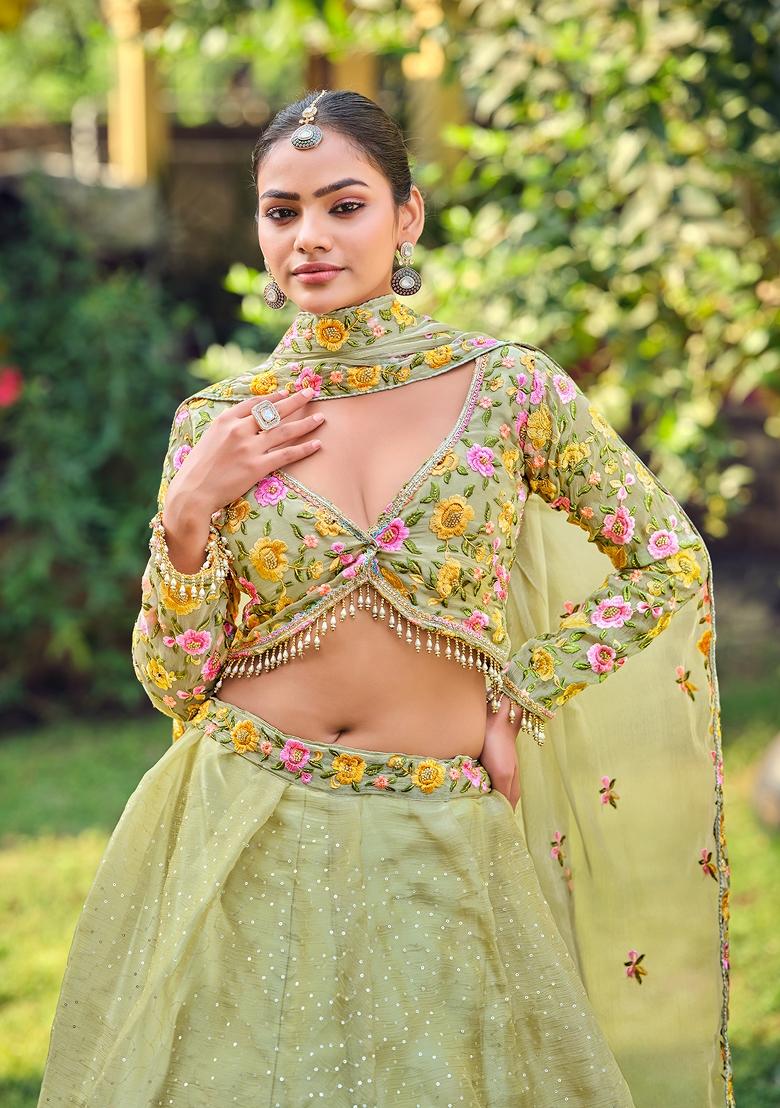 Pista Embroidered Silk Blend Lehenga Set - Indya