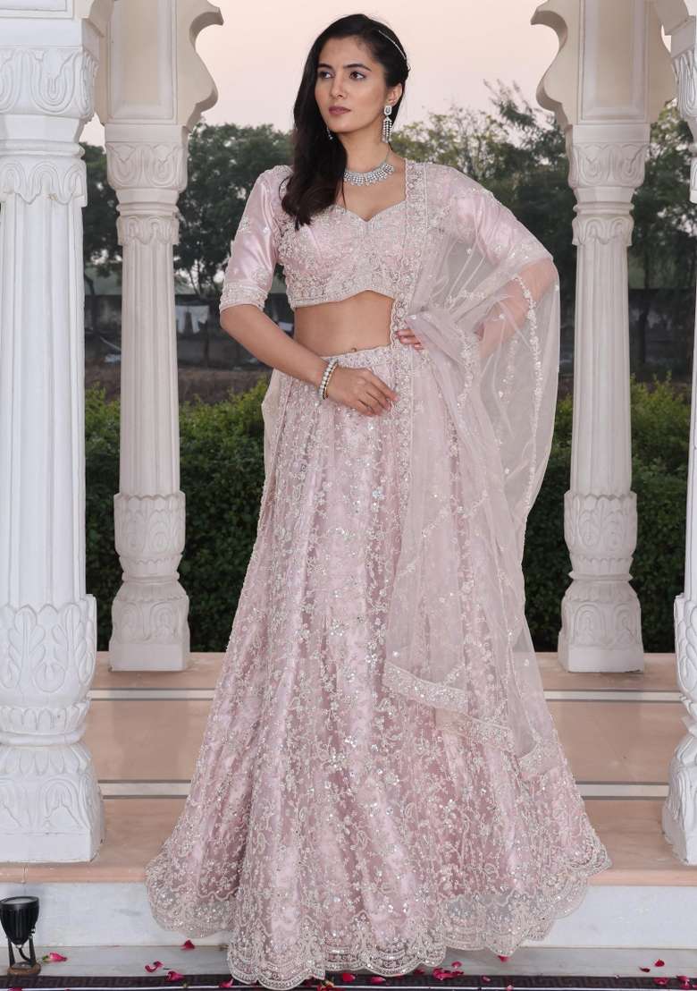 Beige Embroidered Net Lehenga Set - Indya