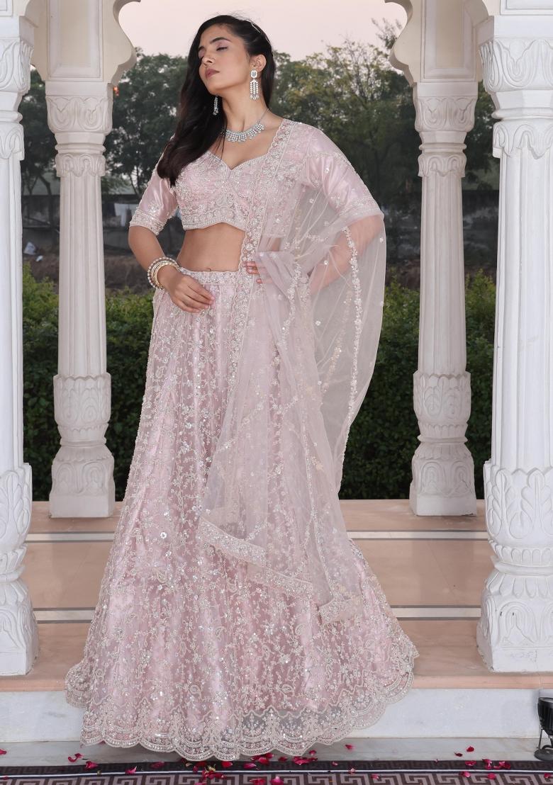 Beige Embroidered Net Lehenga Set - Indya
