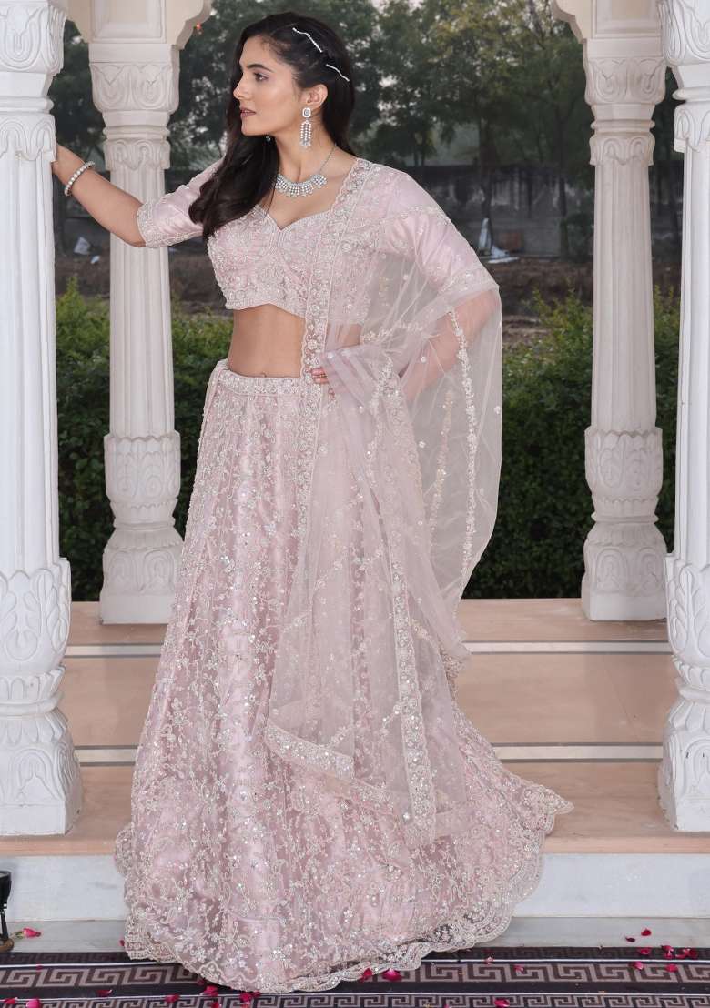 Beige Embroidered Net Lehenga Set - Indya