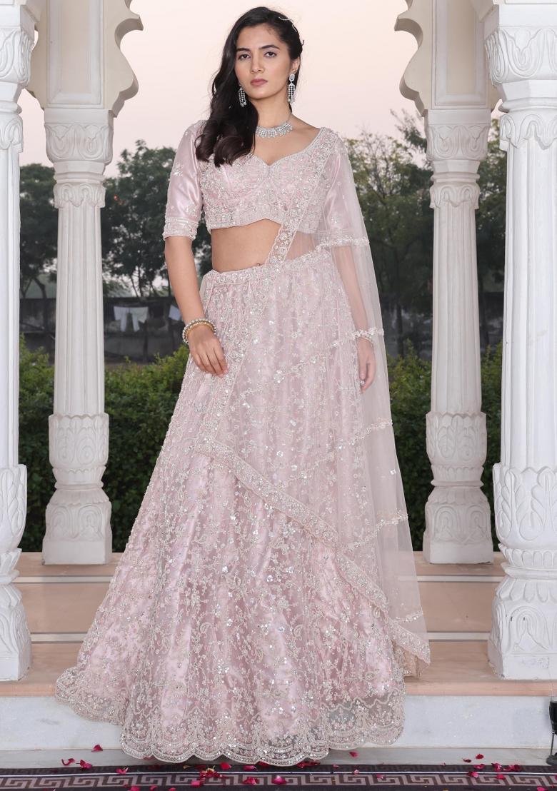 Beige Embroidered Net Lehenga Set - Indya