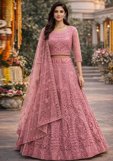 Dusty Embroidered Net Lehenga Set
