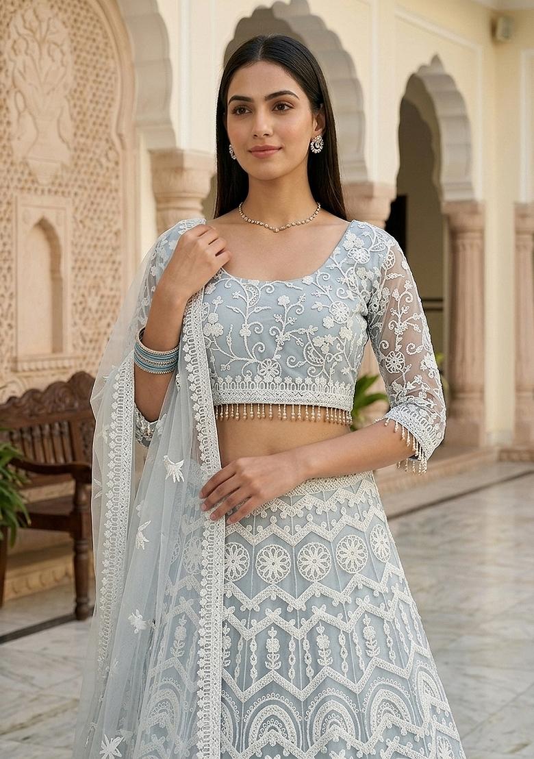 Sky Blue Embroidered Net Lehenga Set - Indya