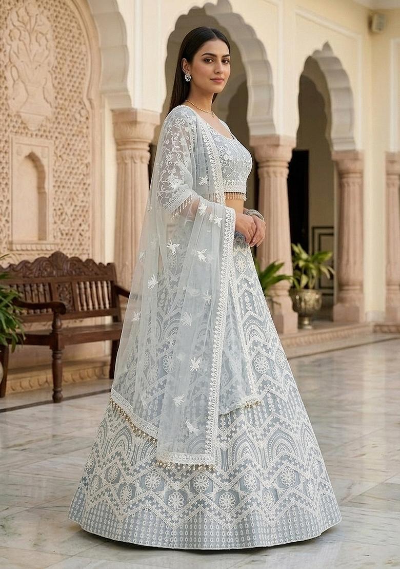 Sky Blue Embroidered Net Lehenga Set - Indya