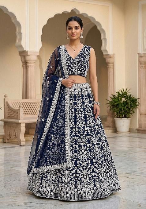 Blue Embroidered Net Lehenga Set