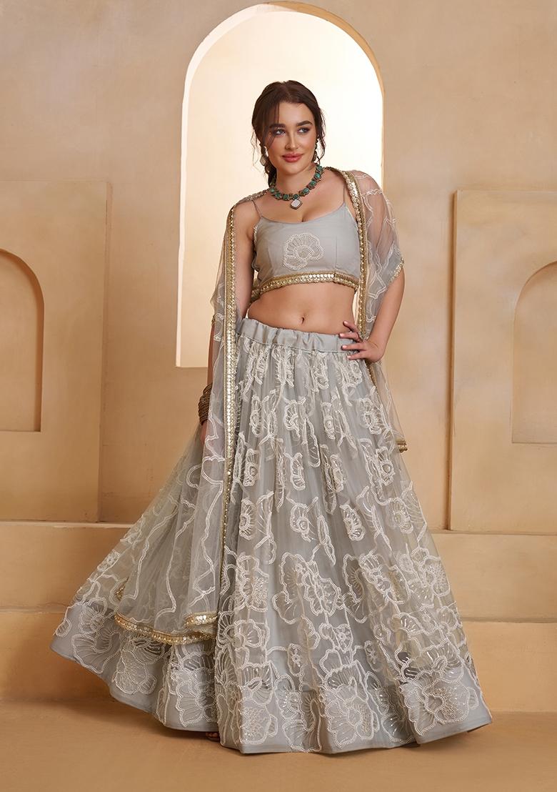 Light Grey Sequin Work Net Lehenga Set - Indya