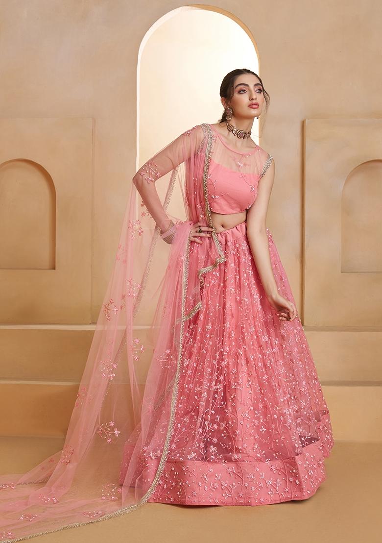 Light Pink Sequin Work Net Lehenga Set - Indya