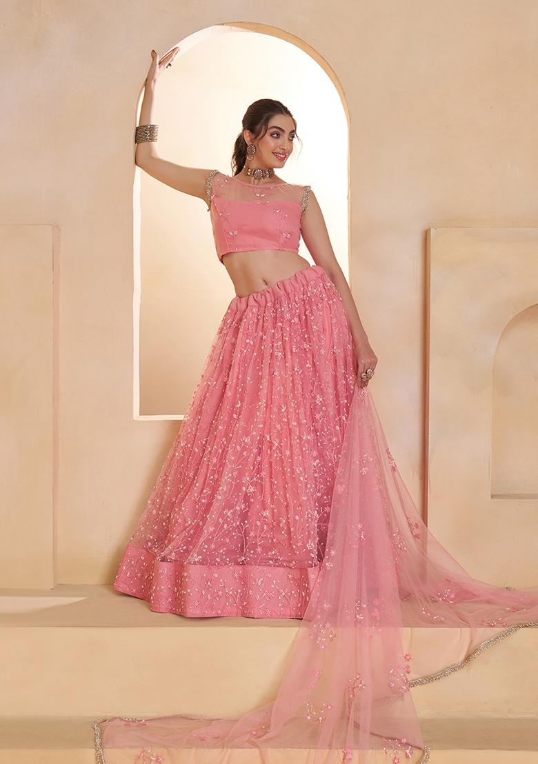 Light Pink Sequin Work Net Lehenga Set - Indya