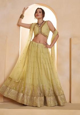 Lemon Yellow Sequin Work Net Lehenga Set