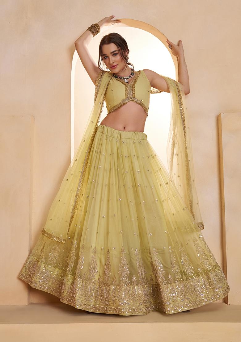 Lemon Yellow Sequin Work Net Lehenga Set - Indya