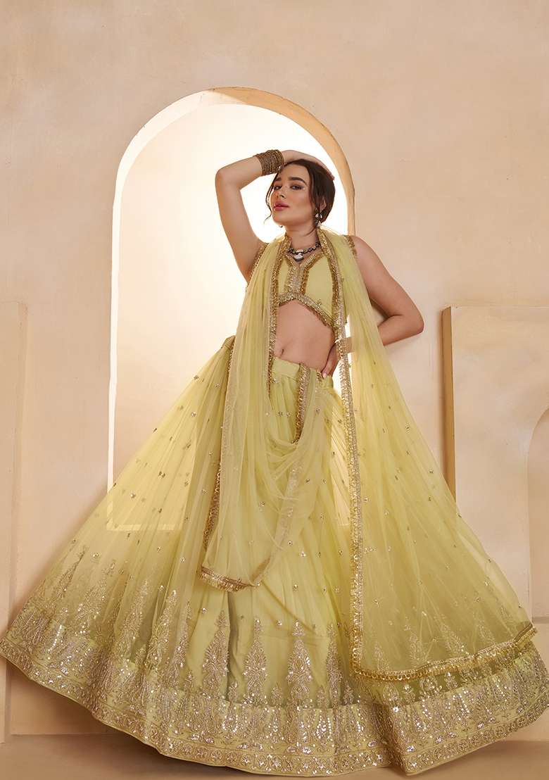 Lemon Yellow Sequin Work Net Lehenga Set - Indya