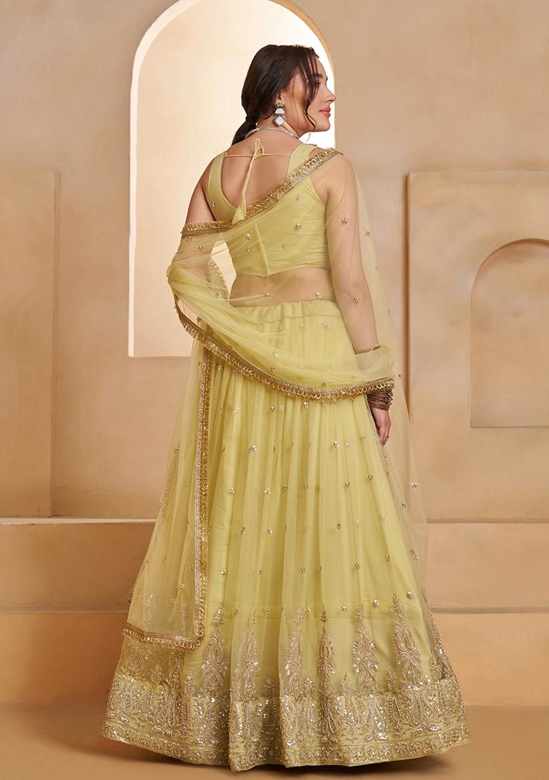 Lemon Yellow Sequin Work Net Lehenga Set - Indya