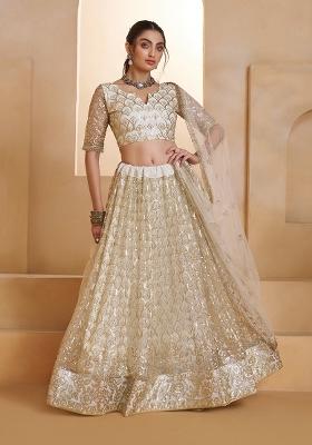 Off White Cream Sequin Work Net Lehenga Set