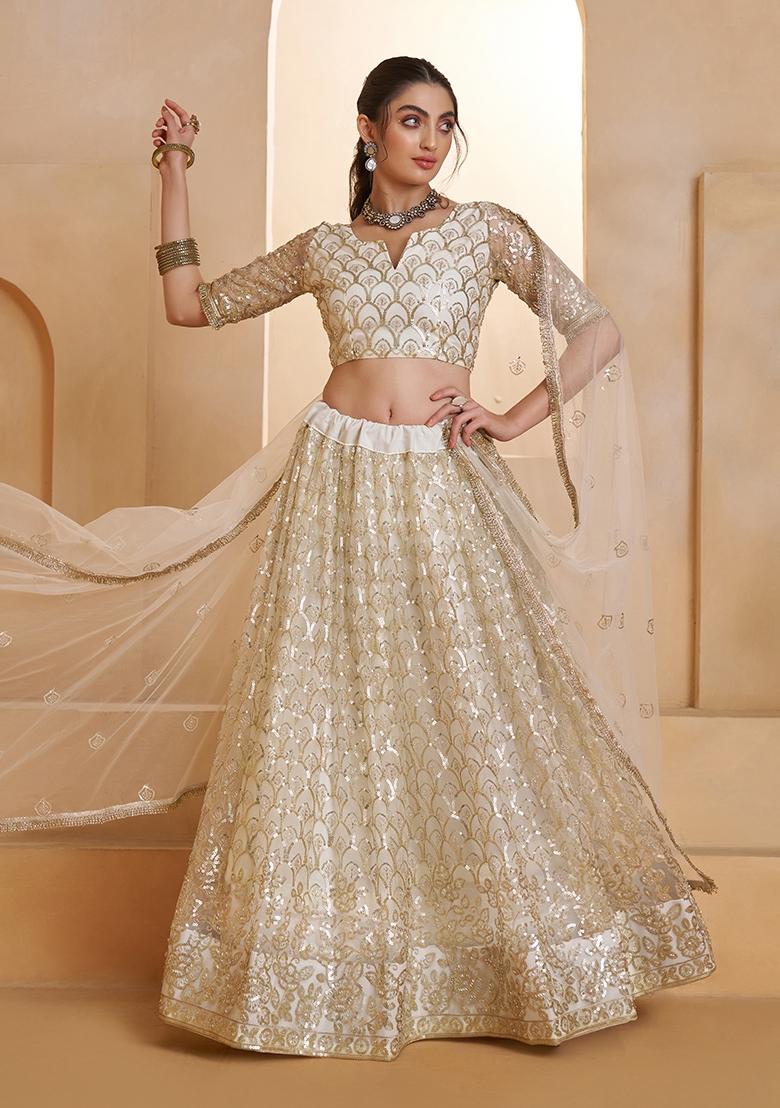 Off White Cream Sequin Work Net Lehenga Set - Indya