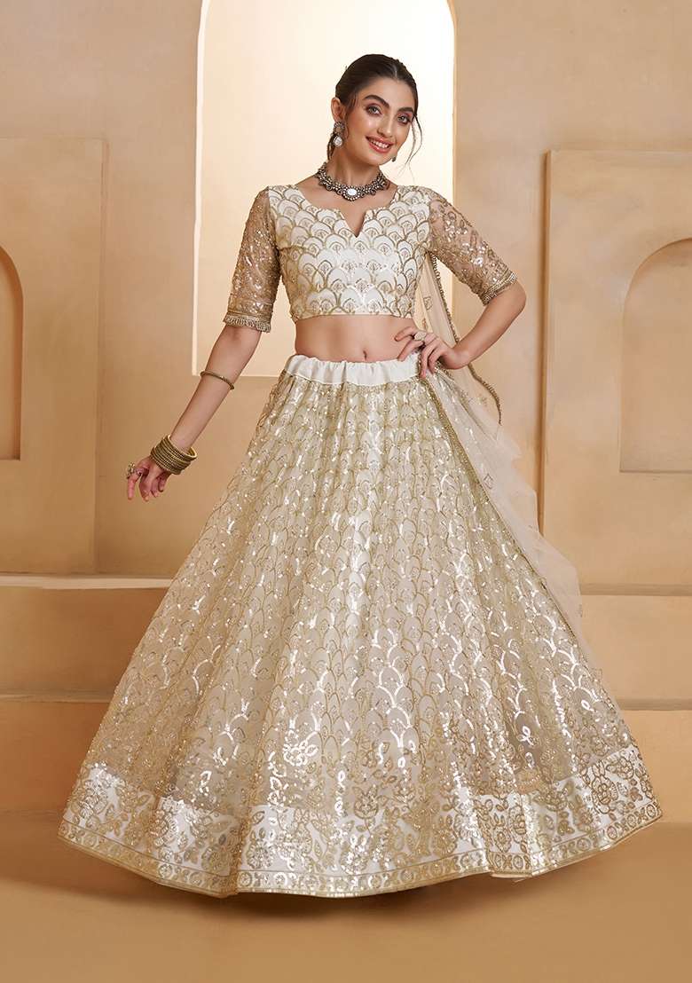 Off White Cream Sequin Work Net Lehenga Set - Indya