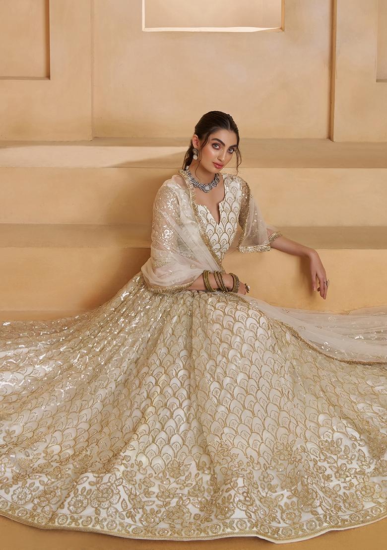 Off White Cream Sequin Work Net Lehenga Set - Indya