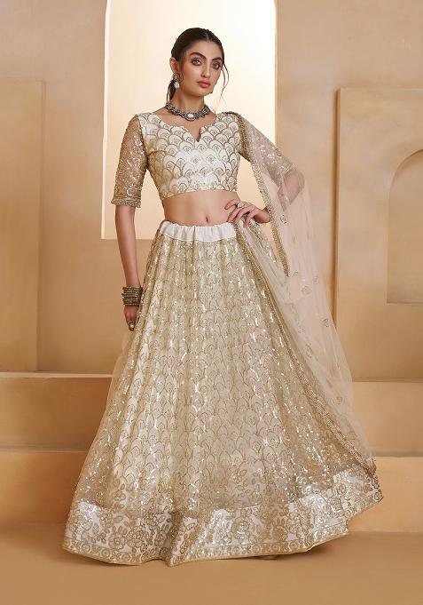 Off White Cream Sequin Work Net Lehenga Set