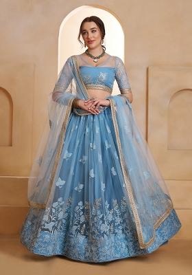 Mint Blue Sequin Work Net Lehenga Set