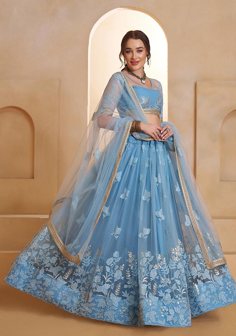 Mint Blue Sequin Work Net Lehenga Set - Indya